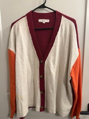 LOFT Cream, Burgundy & Orange Colorblock V-Neck Cardigan